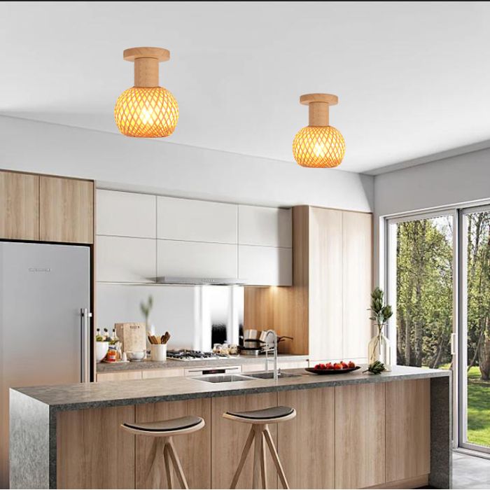 iDEGU 2pcs Rétro Plafonnier15cm Lustre Plafonnier Industriel Abat-jour en Bambou et Bois Design Rond Luminaire RéglableSalon