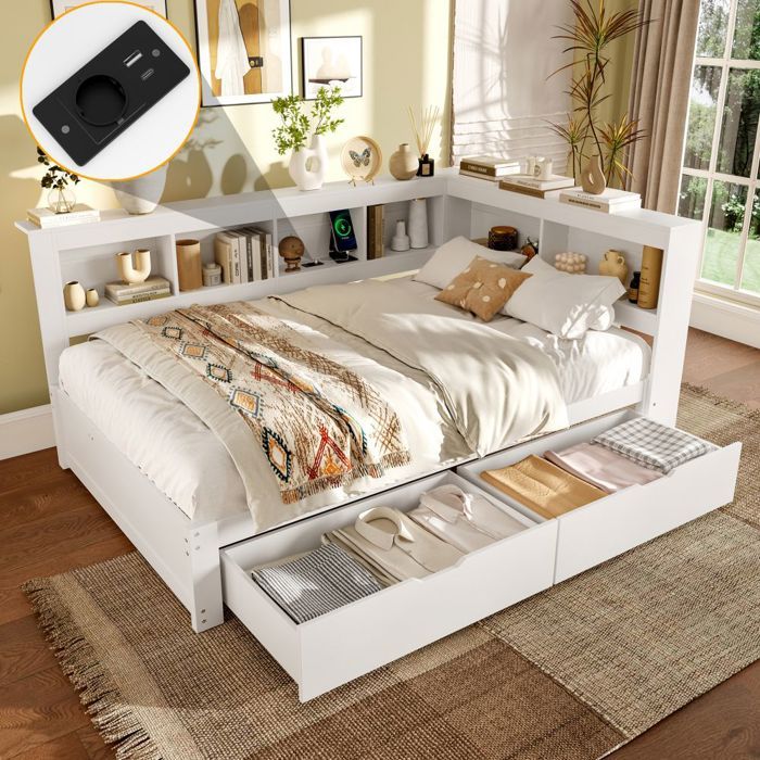 Banquette-lit 140x200 cm blanc 2 tiroirs 2 USB + prise sommier lattes aggloméré - Canapé-lit design - Sans Matelas Banquette-lit 140x200 cm blanc 2 tiroirs 2 USB + prise sommier lattes aggloméré - Canapé-lit design - Sans Matelas