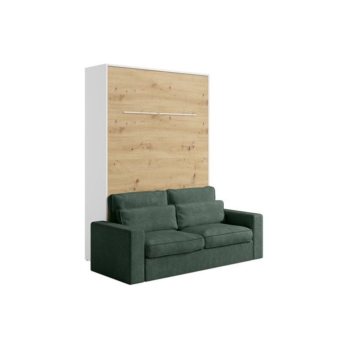 Lit escamotable 140 x 200 cm - Ouverture verticale manuelle - Avec LEDs - Blanc et naturel + Canapé en velours côtelé vert sapin -
