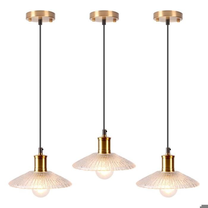 iDEGU 3pcs Lustre Suspension Moderne en Verre 20cm Lampe de Plafond Industriel en Finition en Laiton Dor Abat-jour Design Chapeau