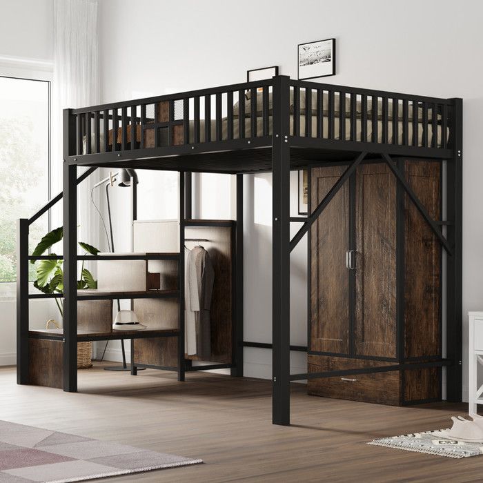Lit mezzanine haut - TRUXEN8 - Noir - Armoire intégrée - Échelle de rangement