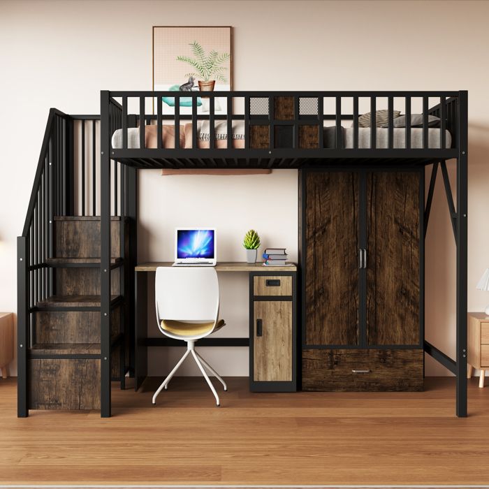 lit mezzanine adulte 90x200 cm avec garde-robe intégrée lit superposé en métal avec échelle-rangement et tiroirs sommier à lattes