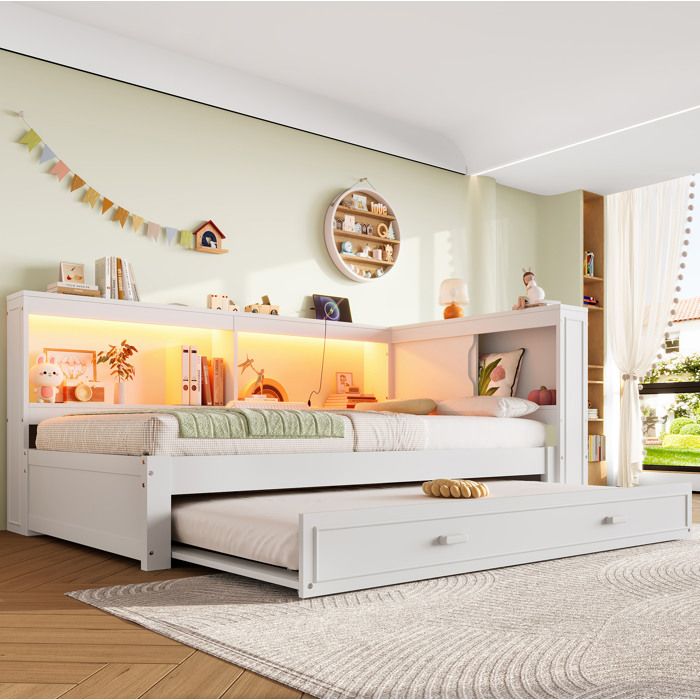 Lit banquette 90 x 200 cm EVRYAE avec lit gigogne 90 x 190 cm LED USB Type-C rangements blanc