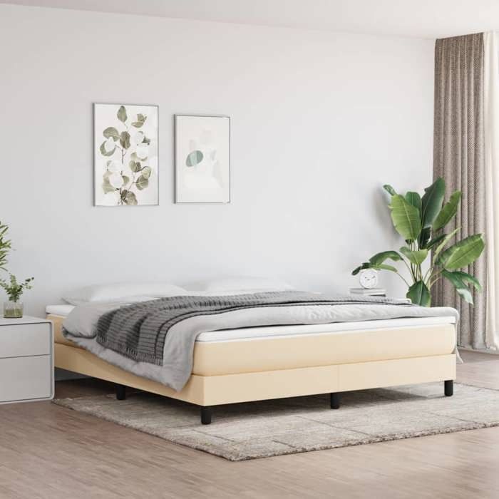 Cadre de lit à ressorts - Happiness - 160x200 cm - Crème - Tissu polyester - Contreplaqué - Bois dingénierie