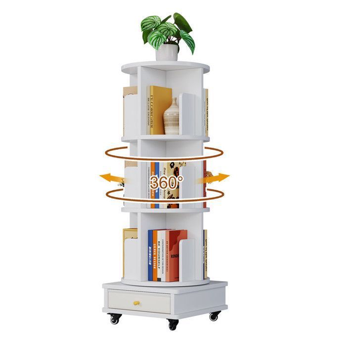 Bibliothèque Rotative 360° à trois niveaux- Bibliothèque de rangement movible 40x40x113.5cm - Avec roues - Avec 1 tiroir - Blanc