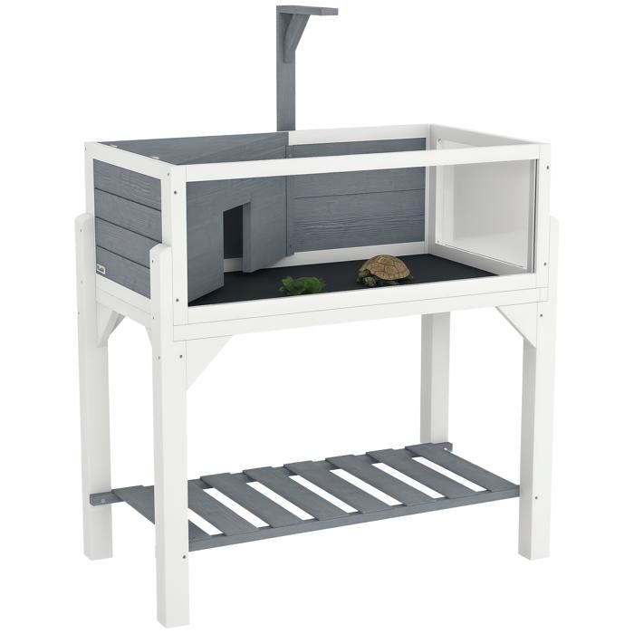 Maison pour tortue - terrarium tortue terrestre - PawHut - sur pieds 2 zones toit ouvrant et zone interactive - bois - 90 cm - gris