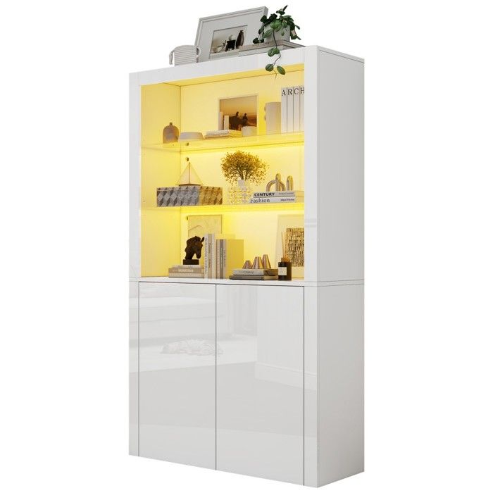 Vitrine Argentier Blanc 100x35x170 cm Buffet Rangement Salon Étagères Verre Trempé Armoire LED