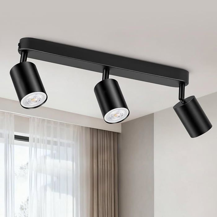 LED Plafond 3 Spots Plafonnier Spot Noir Orientable à 350°+90° Spots de Plafond Moderne GU10 Plafonnier 3 Spots Noir-A N PROJECTEUR