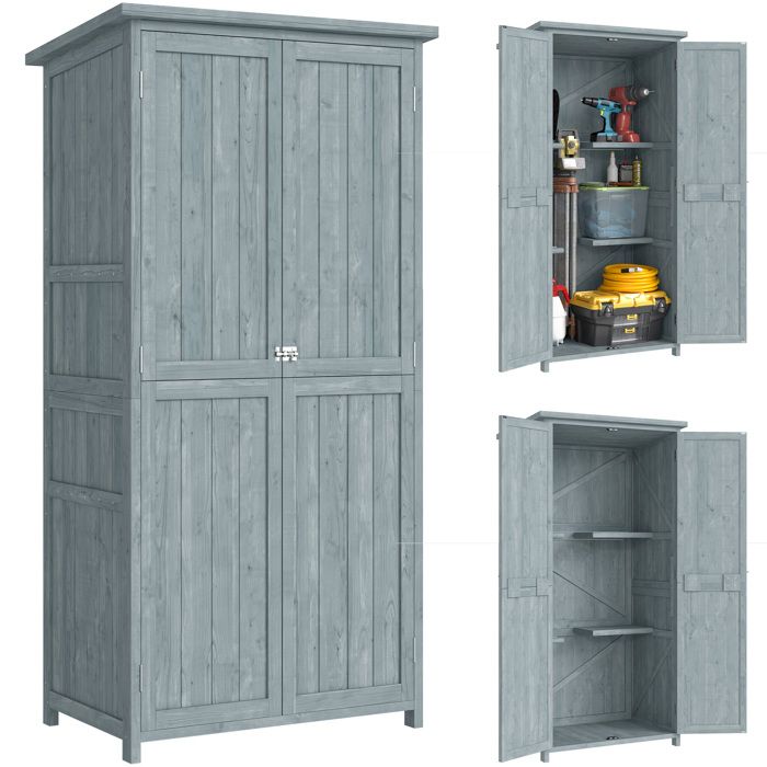 Armoire de jardin - Outsunny - 2 portes verrouillables 2 étagères et 10 crochets - bois de sapin - 85 x 54 x 170 cm - gris