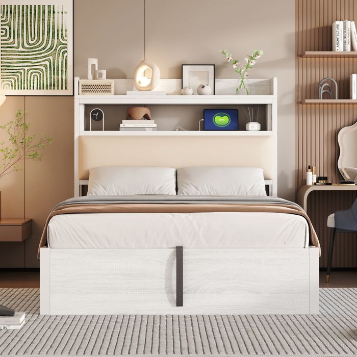 Lit simple blanc 90×200 cm avec rangement sommier inclus tête de lit rembourrée USB structure solide