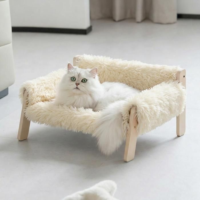 Lit-canapé en Bois pour Chats DIntérieur — Canapé Moderne pour Chat avec Surface en Peluche Ultra-douce et Lavable - Beige