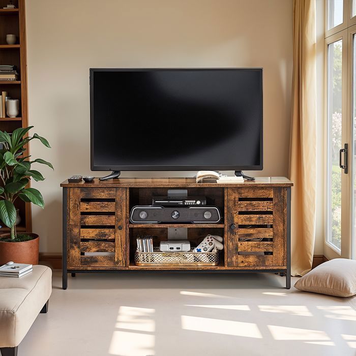 Meuble TV avec étagères et placards de rangement portes à lamelles pour salon salle de jeux style industriel Marron et noir