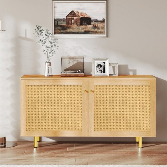 Buffet en osier meuble de rangement 2 portes style rustique aspect bois naturel salle à manger H63×L120×P40cm