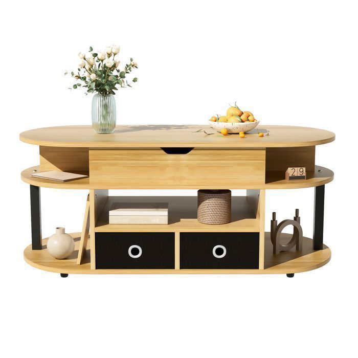 Table basse relevable avec rangement effet bois 2 tiroirs en tissu table de salon multifonction hauteur réglable 105 × 50 cm