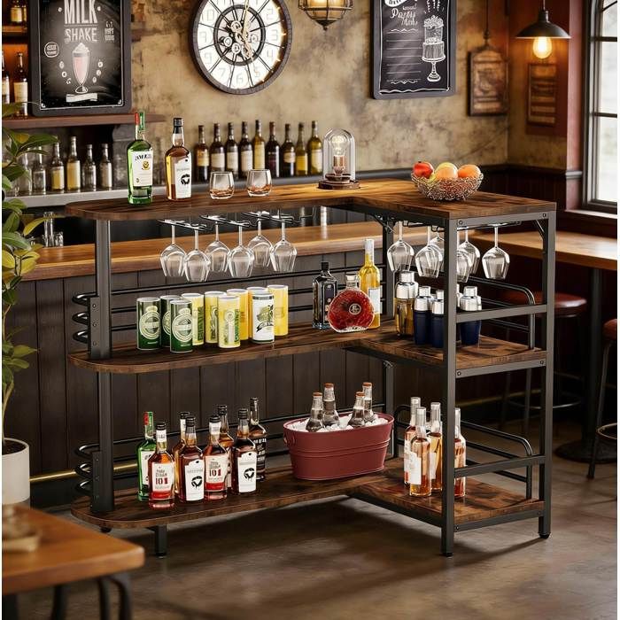Meuble bar dangle L 120 x 90 x 110 cm EVRYAE 3 niveaux porte-verres rangement ouvert noir et marron rustique