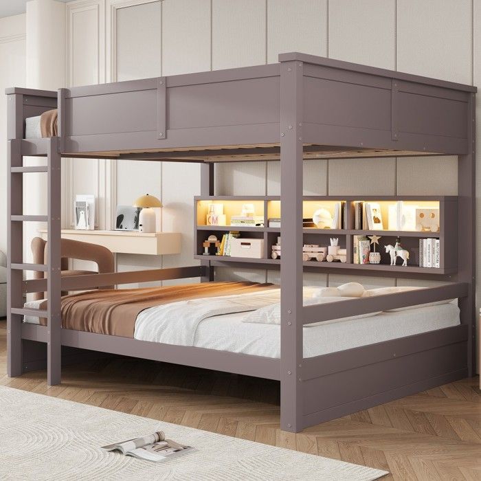 Lit superposé marron 160x200cm avec rangements et éclairage LED meuble fonctionnel pour chambre adulte sans matelas