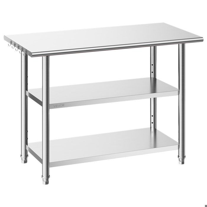 Table de travail inox 122x61cm 3 étagères réglables 5 crochets bords arrondis stable pour cuisine CHR et hôtel