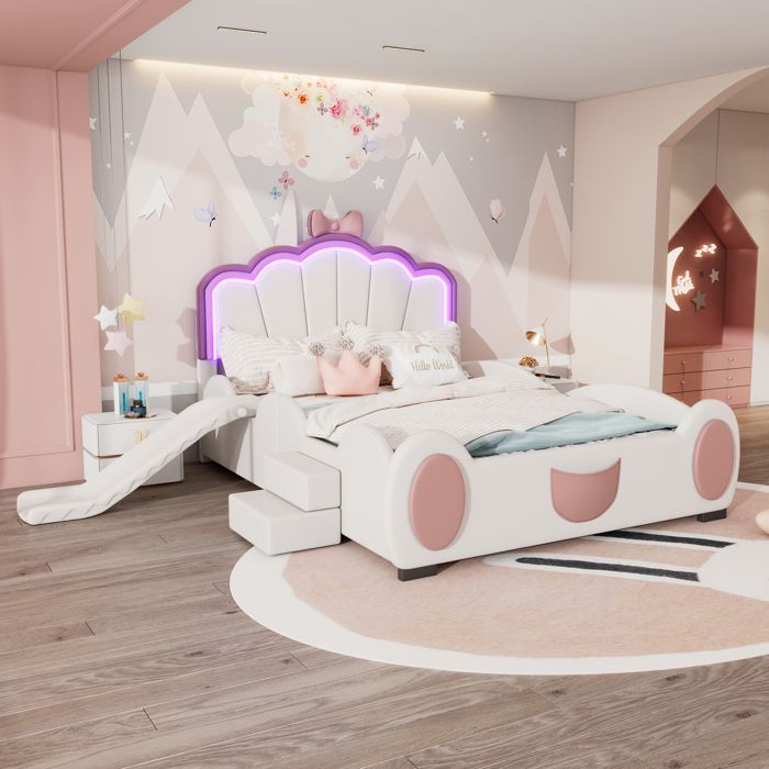 Lit 140x200 en PU rose/blanc : papillon toboggan échelle LED et sommier à lattes fourni