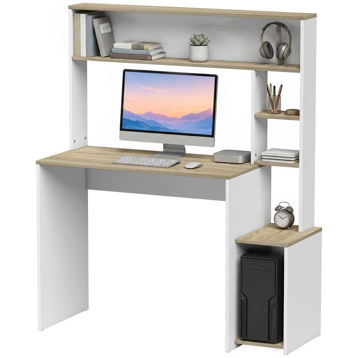 Bureau informatique - HOMCOM - étagères ouvertes et support UC - bois - 114 x 45 x 138 cm - blanc et bois naturel