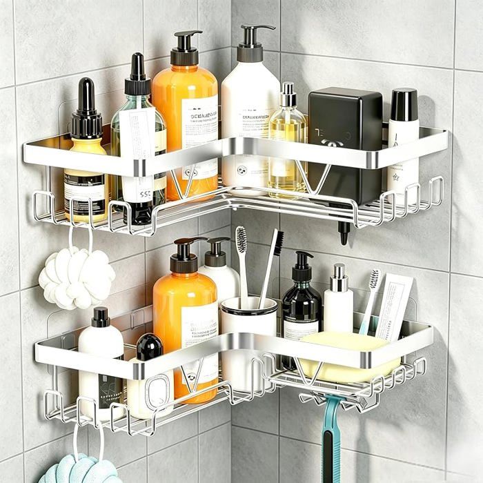 Support Étagère de sans Percage Etagere Salle Angle de Bain Coin Salle de Couleur Argent Argenté ar PORTE ACCESSOIRE DE SALLE DE B
