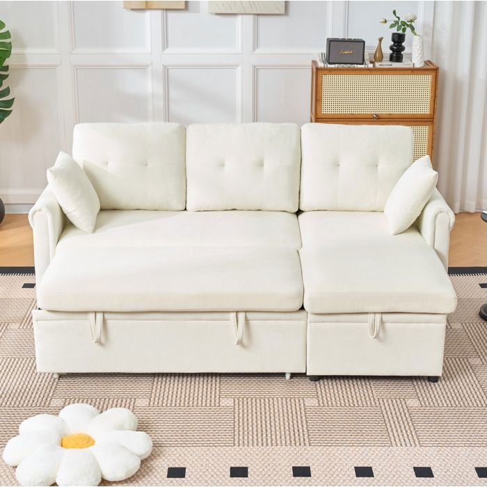 MEUBLIV Canapé dangle convertible 3 places méridienne réversible coffre de rangement tissu chenille beige