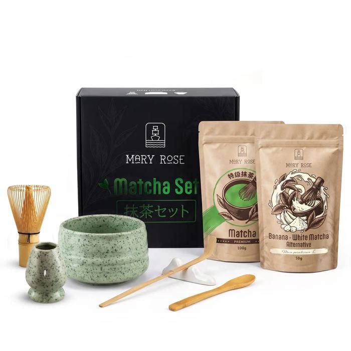 Kit de Préparation Matcha - Mary Rose - Thé Vert Chine 100g & Banane 50g Bol Céramique Chasen Chashaku - Rokku - Coffret Cadeau