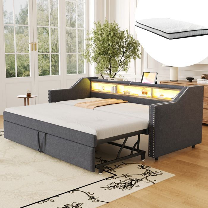 Lit escamotable canapé-lit 90 x 190 cm extensible 180 x 190 cm avec rangements LED USB 2 matelas ressorts gris foncé FOLYNA