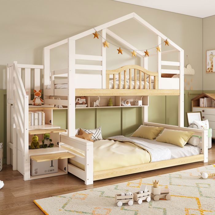 Lit superposé enfant 90/140×200 cm lit bois avec compartiments de rangement ouverts style cabane escalier avec rangements blanc