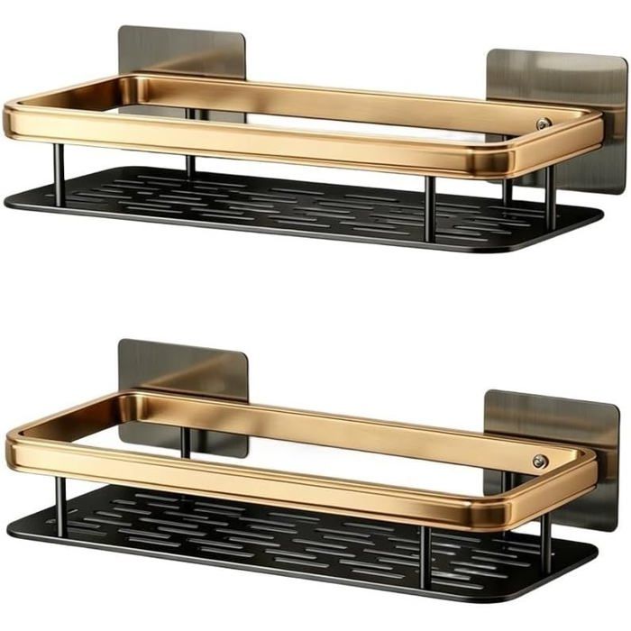 Étagère de salle de bain murale sans perçage - KAGOLOW - Aluminium - Noir et doré - 30 x 13 x 6 cm - Deux niveaux