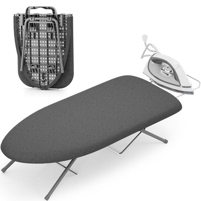 Table à repasser mini pliable - 100% coton dimensions 305 × 76 × 42 cm - noire avec crochet de suspension intégré Table à repasser mini pliable - 100% coton dimensions 305 × 76 × 42 cm - noire avec crochet de suspension intégré