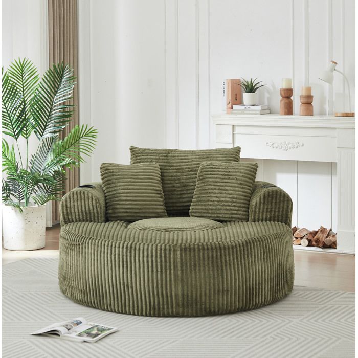 HOMVRA Fauteuil lounge rond 1 place en velours côtelé vert avec 3 coussins porte-boissons et rangements