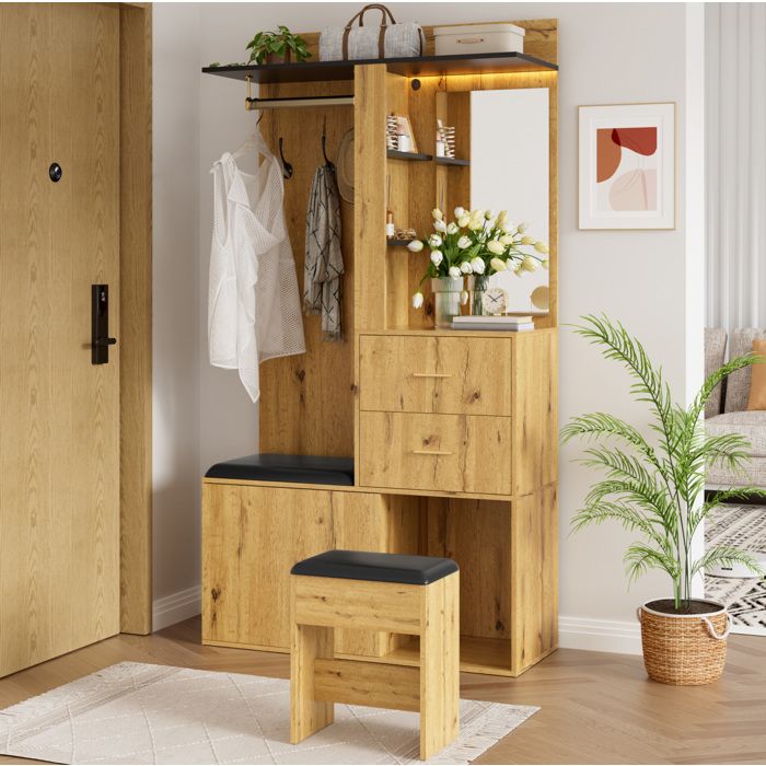 Vestiaire d’entrée en MDF avec banc à chaussures miroir et LED 2 tiroirs et tabouret 100 x 40 x 172 5 cm Vestiaire d’entrée en MDF avec banc à chaussures miroir et LED 2 tiroirs et tabouret 100 x 40 x 172 5 cm