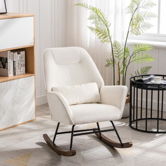 fauteuil à bascule médiéval velours avec coussin lombaire, chaise berçante confortable, chaise  avec pieds en bois massif beige