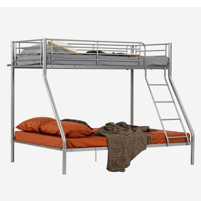 MEUBLES COSY Lit superposé 3 places et 2 étages en métal argenté avec échelle 140x190cm et 90x190cm (matelas non inclus) - JAZZ