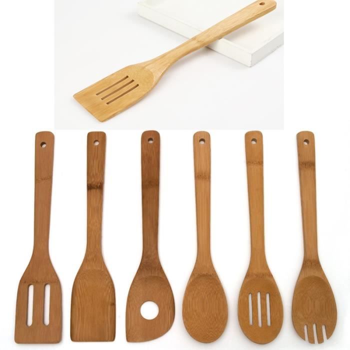 Ustensiles De Cuisine En Bois De Bambou – Set de 8 Accessoires de Cuisine  (Raclette, Palettes, Cuillère, Spatule en Bois, Pince, Porte) – Ensemble de  Spatules De Cuisine En Bambou Écologiques Naturels 