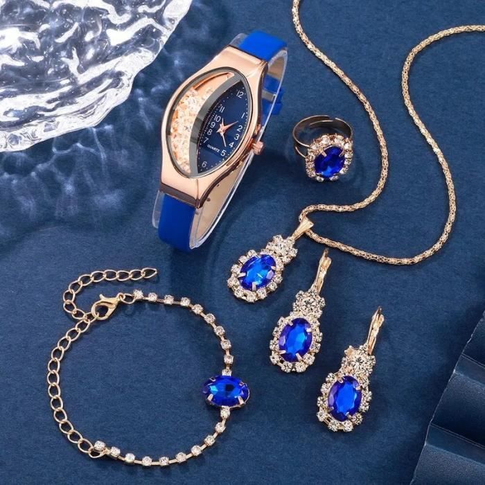 Ensemble 6 pcs Montre luxe femme parure bijoux collier bracelet boucle d oreilles bague bleu cadeau ideal Achat Vente parure Ensemble 6 pcs Montre luxe femme parure bijoux collier bracelet