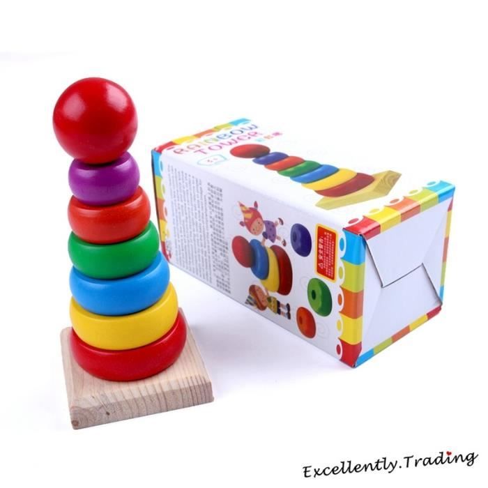Jouet Enfants Bébé Anneaux en Bois Arc-en-ciel Empilement Jouets