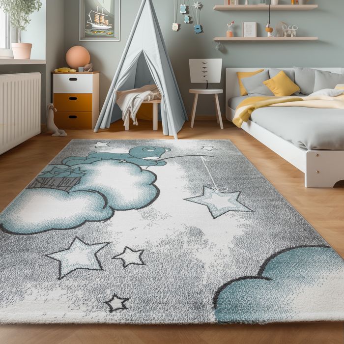 Tapis Enfant Igloo Pingouin 140x200cm - Bleu - Polypropylène Doux Et Hypoallergénique - Pour Chambre Bébé