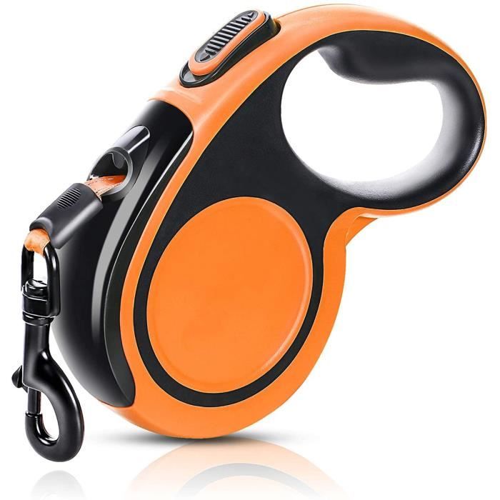 Laisse Chien Enrouleur,avec 5M Ruban en Nylon réfléchissantes ,Frein à Une Main,pour Gros Chien Jusqu'à 50kg(Orange)
