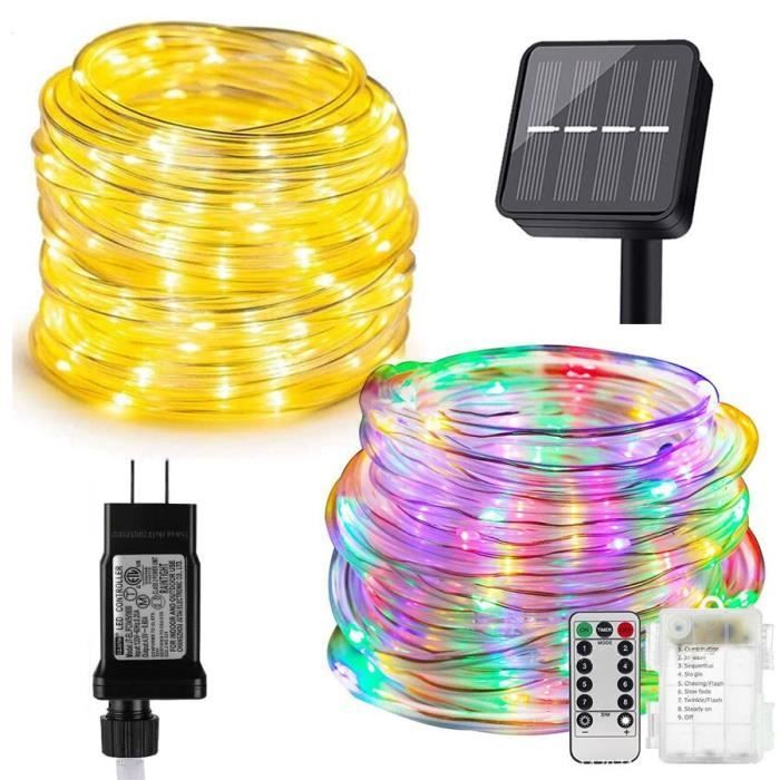 Guirlande Lumineuse Tube Solaire 20m - 200 LEDs étanches IP65 - 8 Modes, Télécommande - Pour Jardin, Noël, Mariage, Fête - Charge USB Ou Solaire