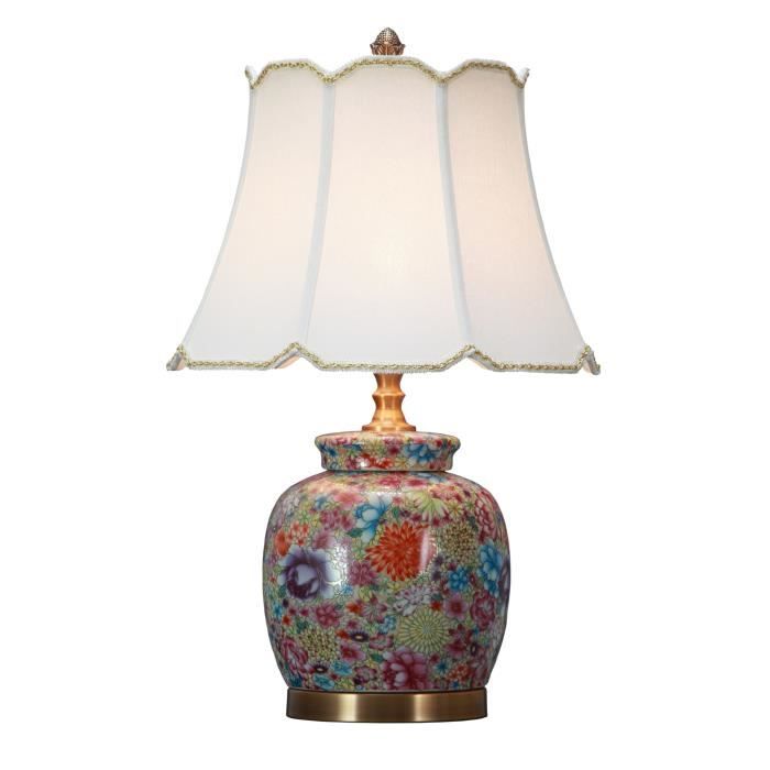 Lampe de Table - Fine Asianliving - Porcelaine Multicolore - Abat-jour en Lin - 40W - Intérieur
