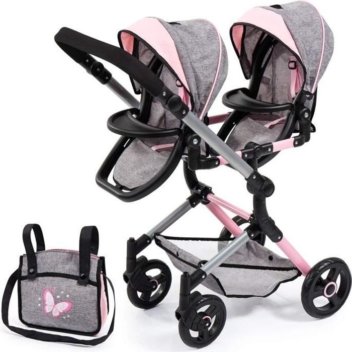 Bayer Design 39133AA Landau Jumeaux pour poupée, Poussette Tandem Double  Jouet, Jean Look Gris, Rose, Papillon : : Jeux et Jouets