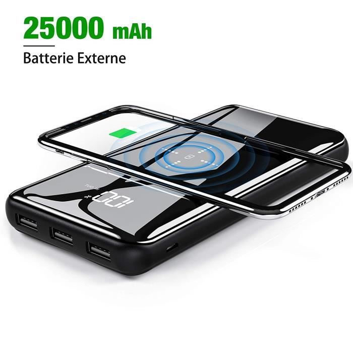 Batterie Externe Portable 25000 mAh - Grande Capacité sans Fil Chargeur à  Induction avec Affichage Numérique LCD,3 Sorties USB - Cdiscount Téléphonie