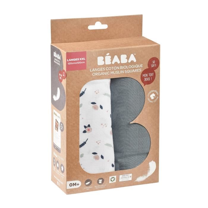 BEABA Lot de 2 langes bébé en mousseline de coton biologique, multi-usages, ultra doux et respirant,