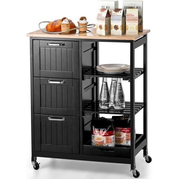 COSTWAY Desserte de Cuisine avec Roulette Universelles Verrouillables Plateau en Bois dHévéa Étagères Amovibles 3 Tiroirs Noir COSTWAY Desserte de Cuisine avec Roulette Universelles Verrouillables Plateau en Bois dHévéa Étagères Amovibles 3 Tiroirs Noir