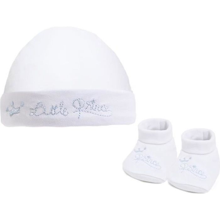 Ensemble de naissance bonnet et chaussons pour bébé garçon blanc little prince
