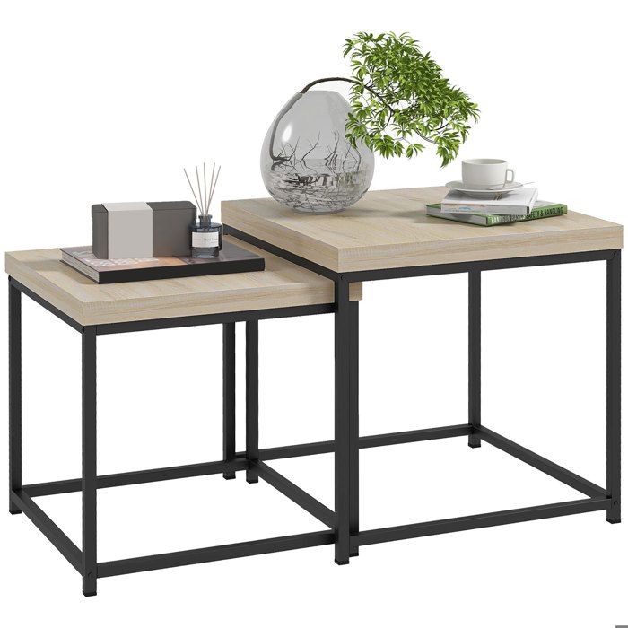 Lot de 2 tables gigognes - HOMCOM - carrées - cadre en acier et plateaux en bois - naturel