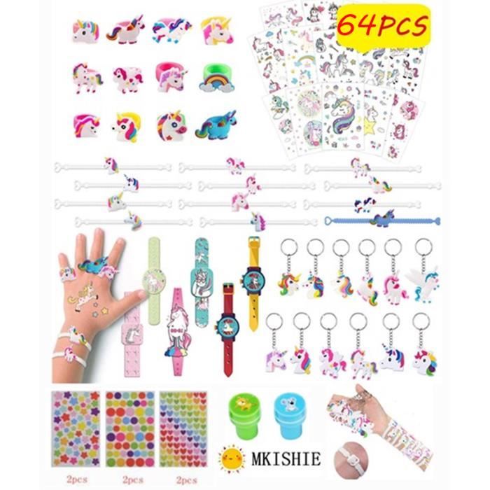 Kit Anniversaire Licorne 90 Pièces – Tampons, Tatouages, Pinata, Porte-clés, Bracelets Slap – Sacs De Fête – Pour Filles Et Garçons – Cadeau Invités