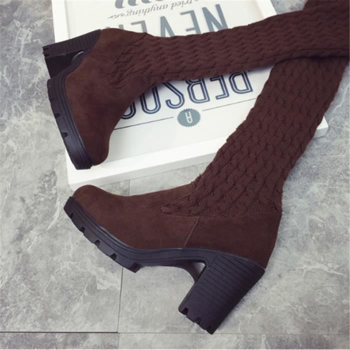Nouveauté Bottes Femme Tige Tricoté Chaussures Talons Hauts Carré en Suède  Marron - Cdiscount
