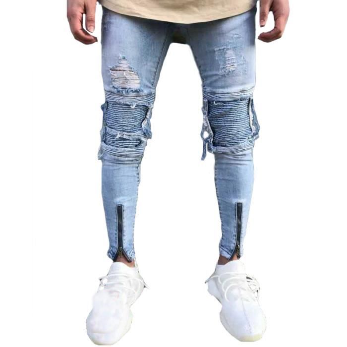Jeans homme coupe slim effect d chir Pantalon motard en denim trou vintage coupe cigarette destroy ultra skinny biker homme Bleu
